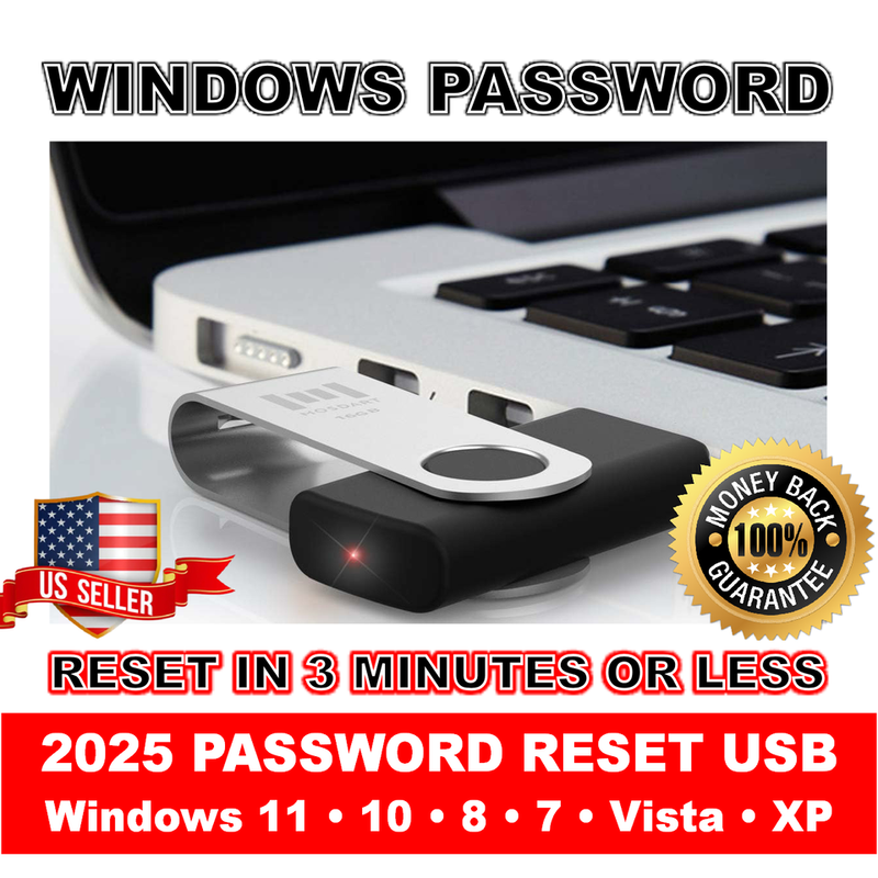 2025 Windows Password Reset USB • Reset in 3 Min. Win 11, 10, 8, 7, Vista