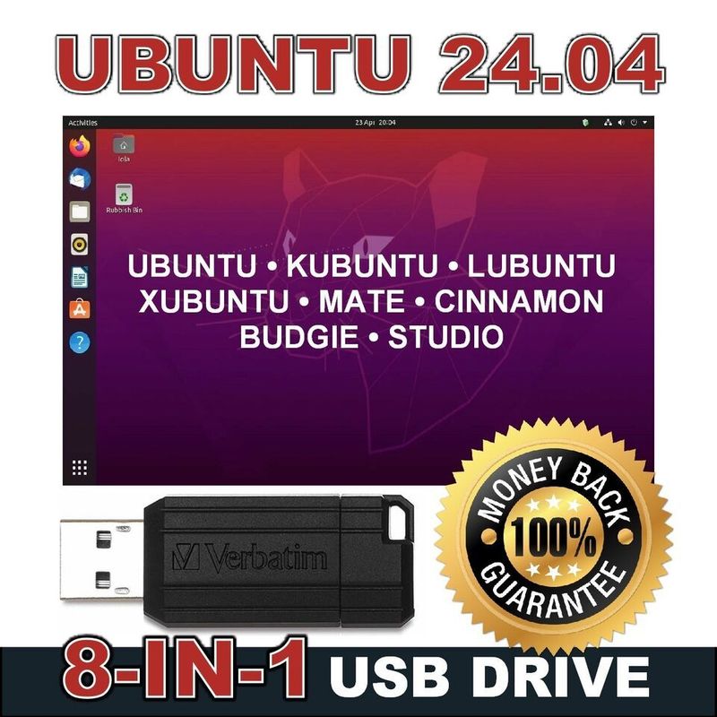 8-IN-1 UBUNTU LINUX USB 24.04.1 LTS Multi-Boot 64bit Live OS 64GB USB Drive