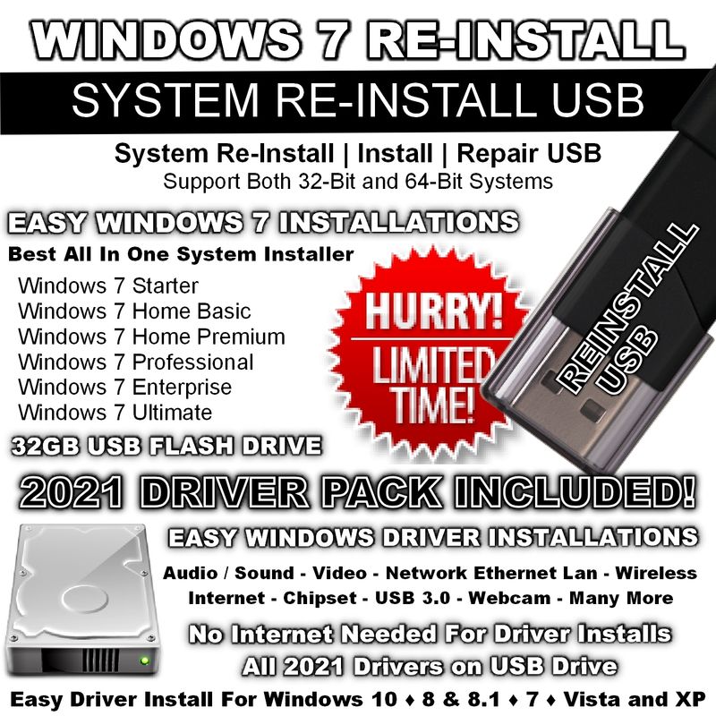Windows 7 All Versions 32-Bit 64-Bit Reinstall Install USB with 2021 Drivers
