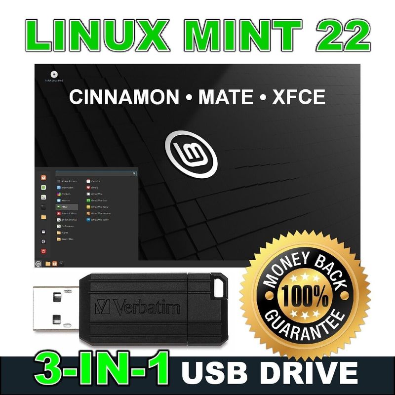 3-IN-1 Linux Mint 22 - Cinnamon • MATE • Xfce 64bit Bootable/Live OS USB Drive