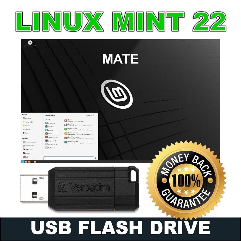 Linux Mint 22 MATE "Wilma" 64bit Bootable/Live OS USB Drive