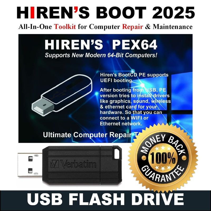 Hiren's 2025 Bootable USB PC Utilities Computer Tool Kit / Password Reset Disk Recovery And more.