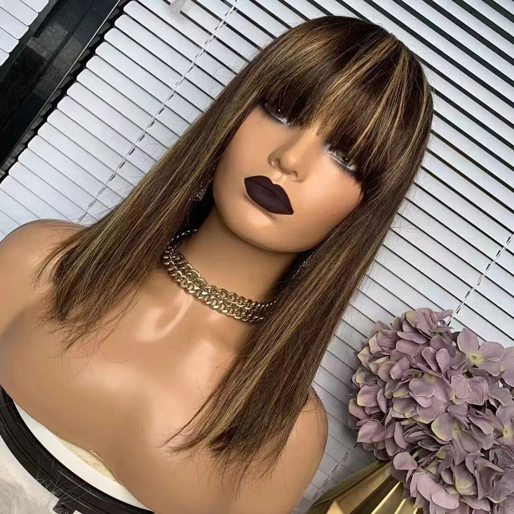 Brazilian Straight Bangs Bob Wigs. Short Bob Wigs. 100% Human Hair Wig with Bangs.
