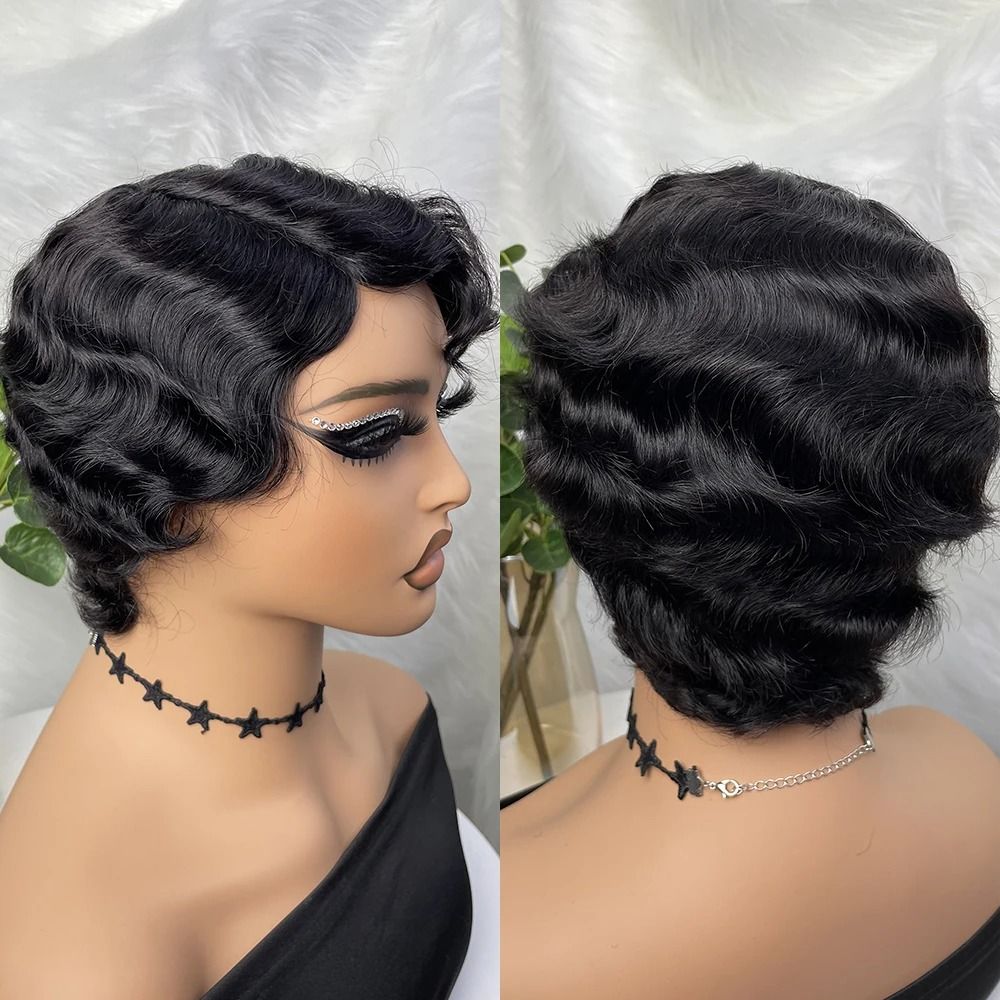Human Hair Finger Wave Wig Natural Color. Human Hair Wig. Short Wigs. Human Hair Wigs Pixie Cut.