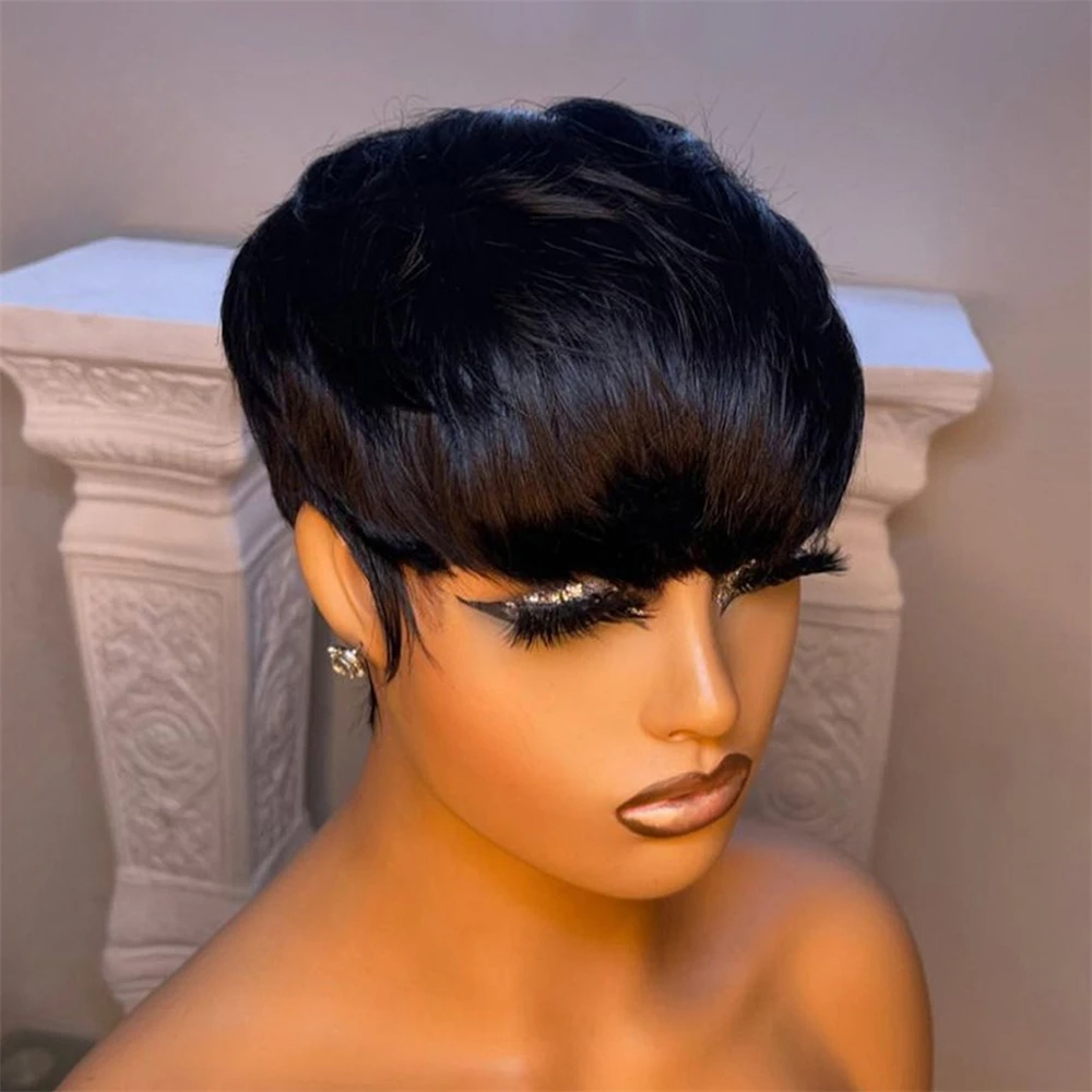 Short Human Hair Wigs with Bangs Short Pixie Cut.