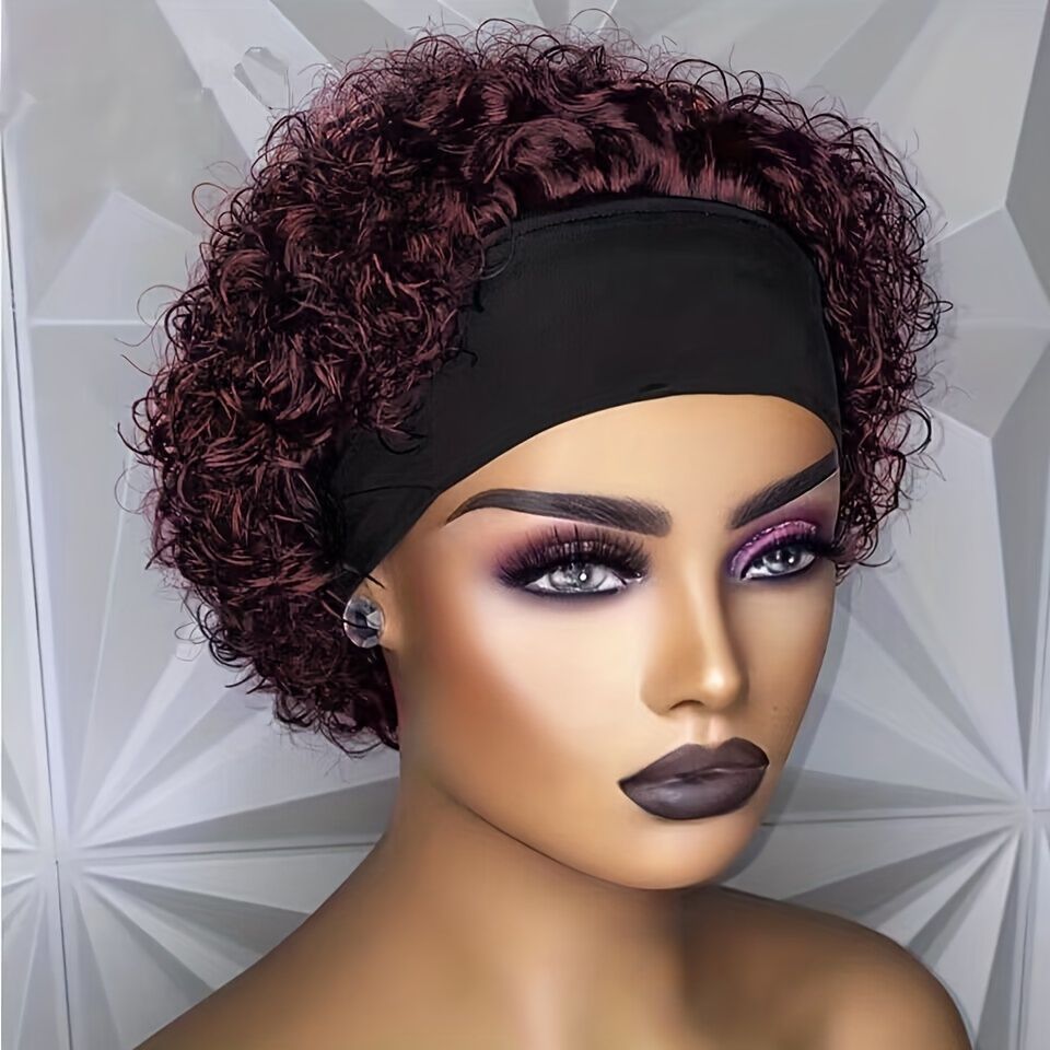 Short Curly Pixie Cut Headband Wig Water Wave. Remy Human Hair Full Machine Made Wig
