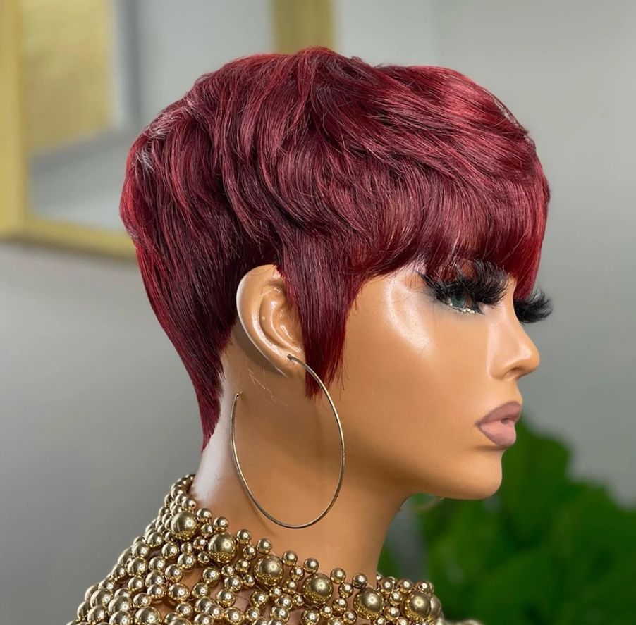 Straight Burgundy Red Colored 100% Human Hair Short Pixie Cut Remy Wigs Full Machine Made Bob Wig With Bang Affordable Price Wig