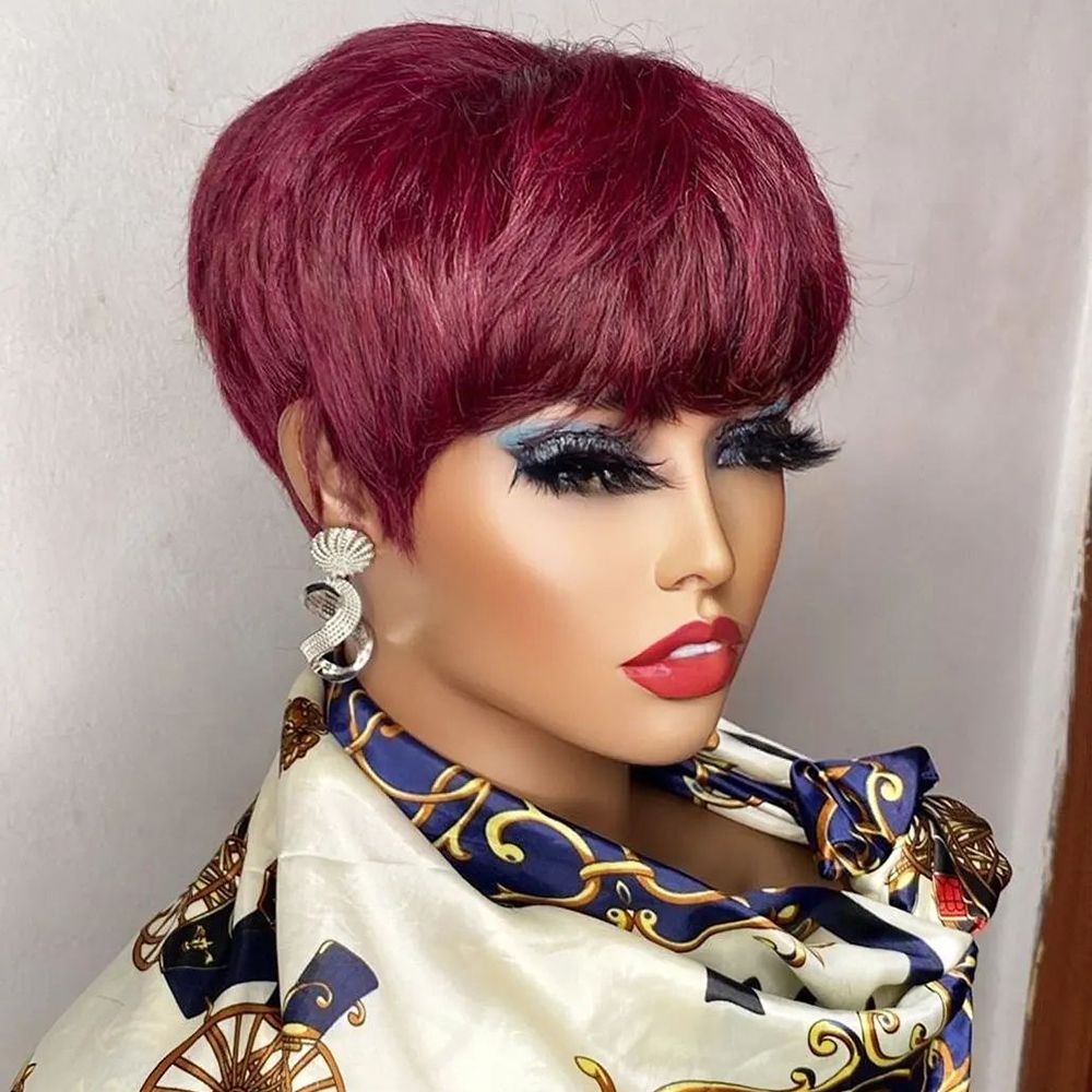 Brown Short Pixie Cut Wig Human Hair For Black Women Machine Made Wigs With Bangs Colored Brazilian Wig Human Hair Wigs