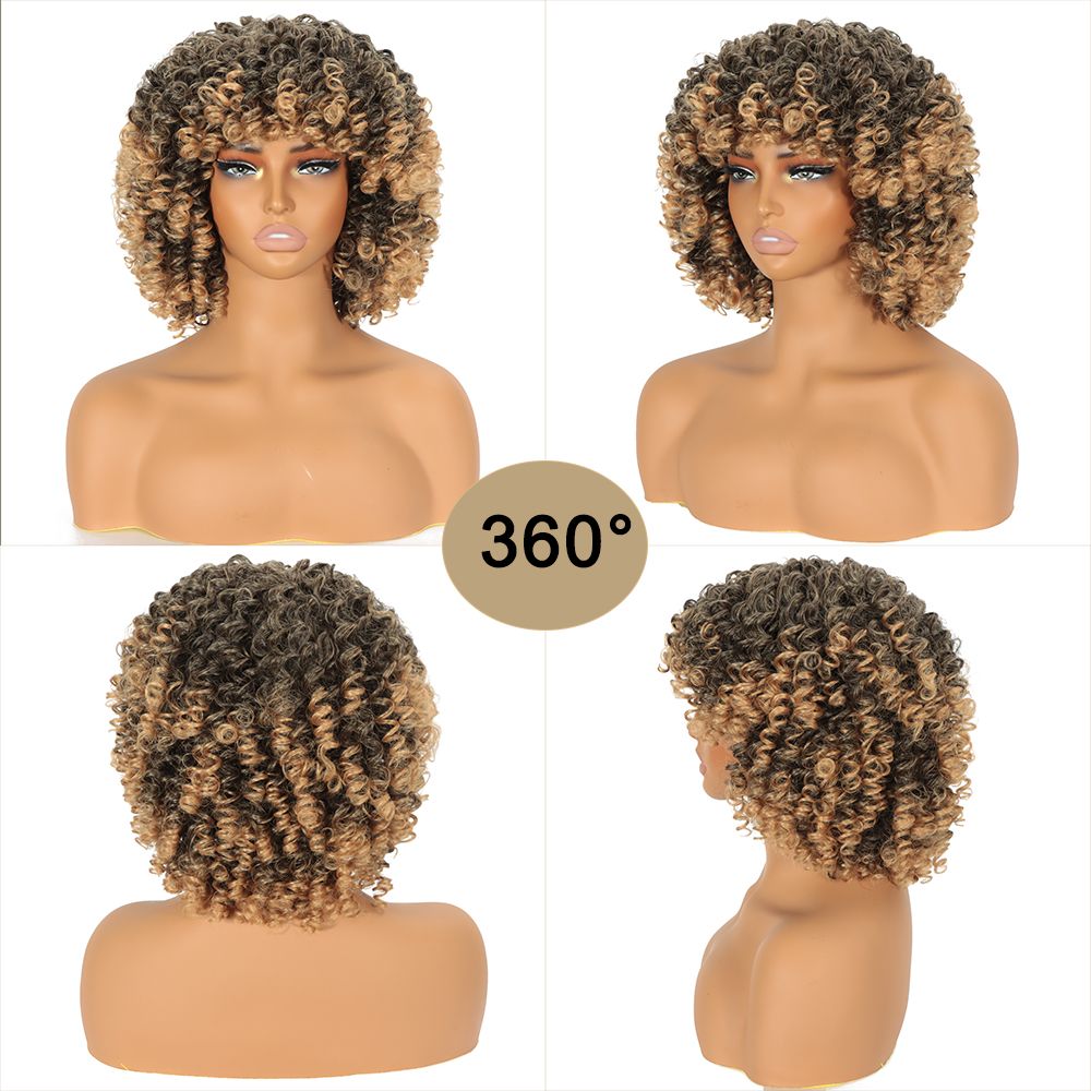 Blonde Curly Wigs for Women Short Afro Kinky Curly Wigs with Bangs Synthetic Heat Resistant Hair Replacement Wig with Wig Caps