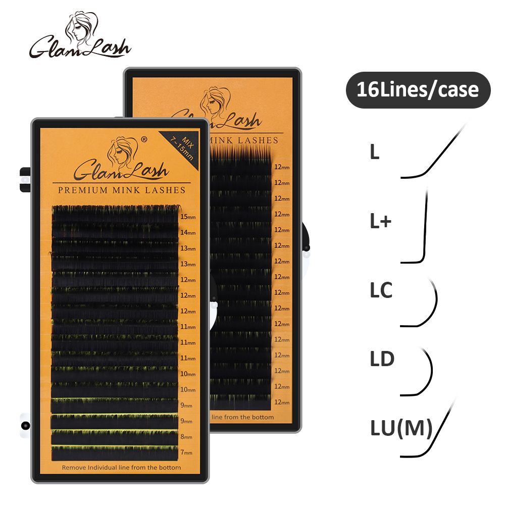 GLAMLASH L/L+/LC/LD/LU/M Curl Mink Eyelashes Extension 16rows/tray Mix Matt Black Individual N/L Curl Makeup False Lashes