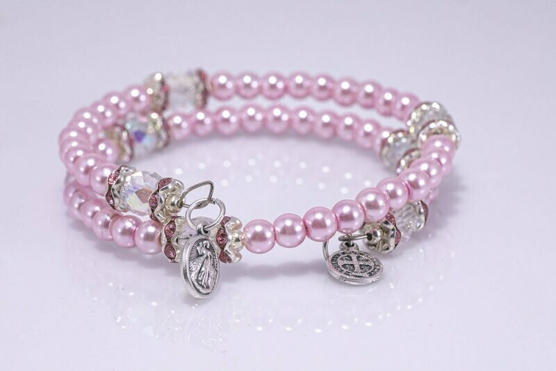 Pink Pearl Memory Wire Rosary Bracelet
