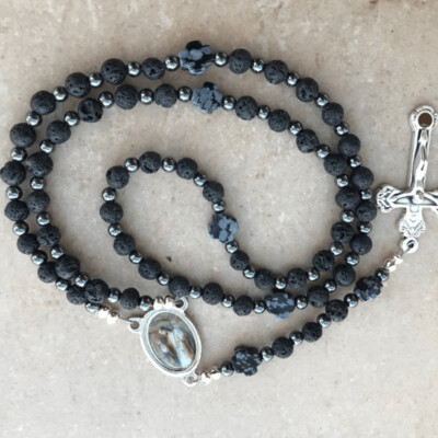 Black Lava Rock with Snowflake Obsidian Crosses Rosary