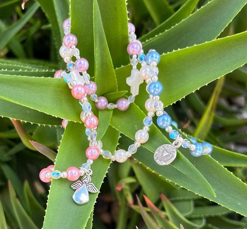 Girl's Rosary Bracelets: 1st Communion Medal, Angel or Shell Cross