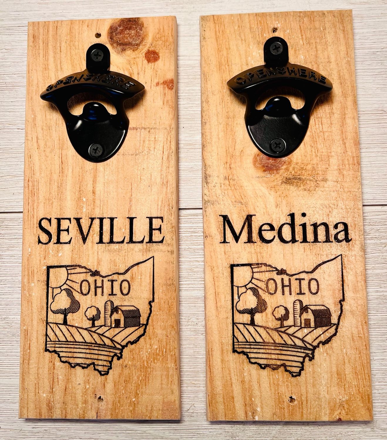 Rustic pallet wood bottle opener, Various Engravings: Seville