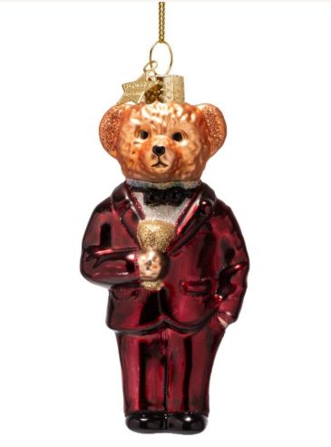 Ornament glass burgundy bear in clothes H11cm