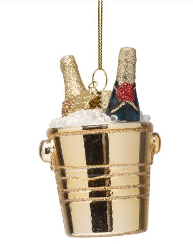 Ornament glass bottles of champagne in gold cooler H7cm