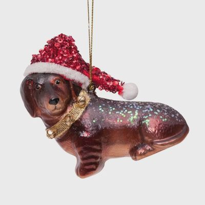 Ornament glass little dachshund w/hat H8cm