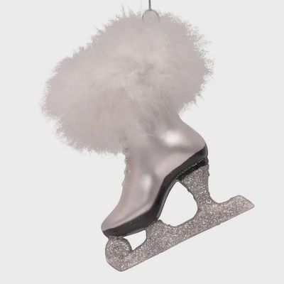 Ornament glass white iceskate w/fur H10cm