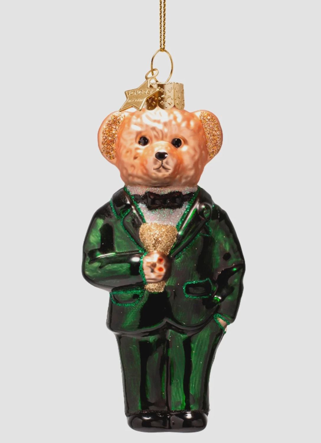 Ornament glass green bear in clothes H11cm