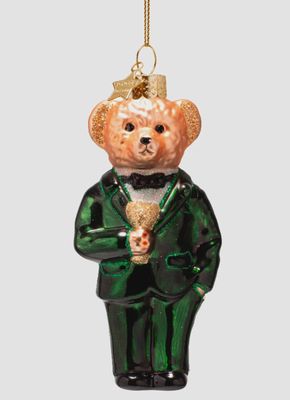 Ornament glass green bear in clothes H11cm