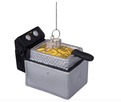 Kerstbal Frituurpan – Glazen ornament met handvat en mandje