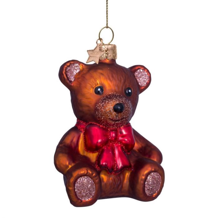 Ornament glass brown teddy bear w/red bow H8.5cm