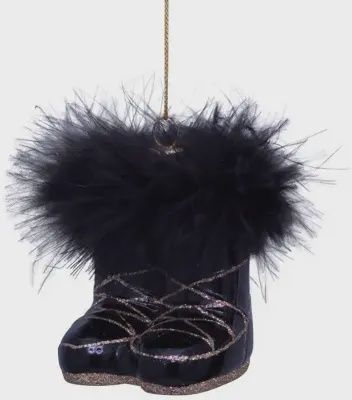 Ornament glass black fashion ski boots w/fur H7.5cm