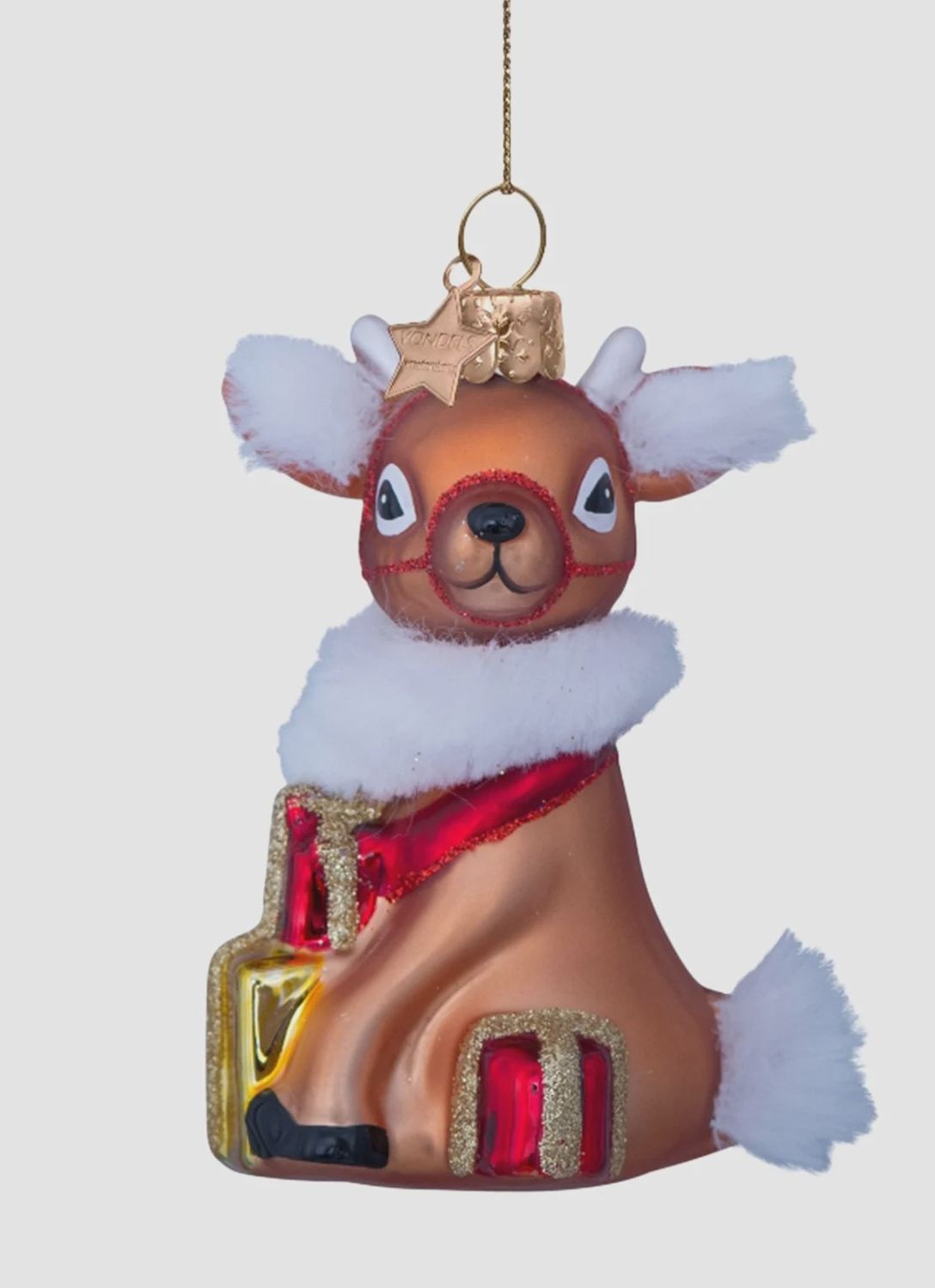 Ornament glass brown reindeer w/gifts H8.5cm