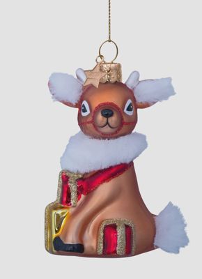 Ornament glass brown reindeer w/gifts H8.5cm