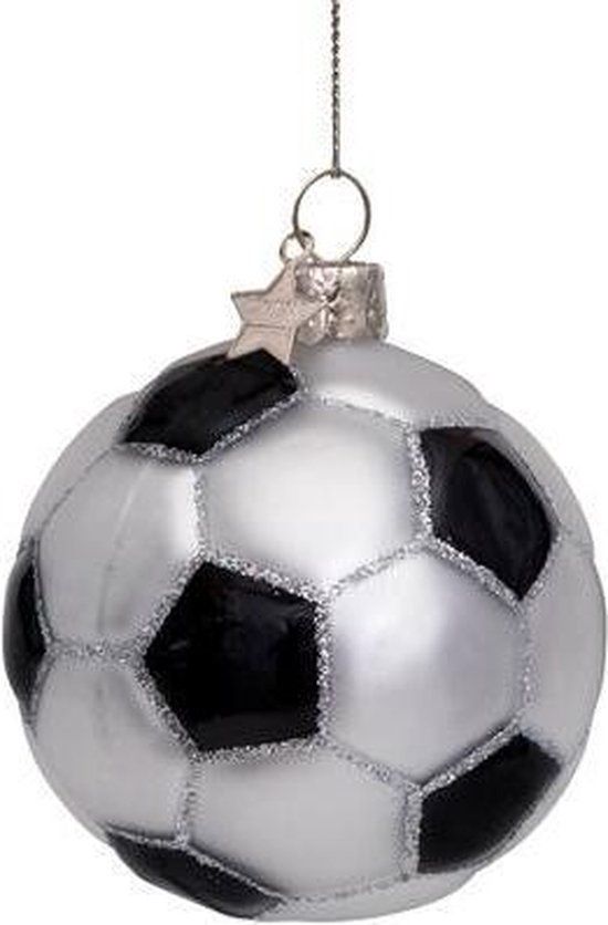 Ornament glass white/black glitter voetbal H7cm