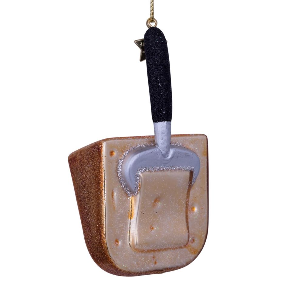 Ornament glass cheese w/slicer H10cm