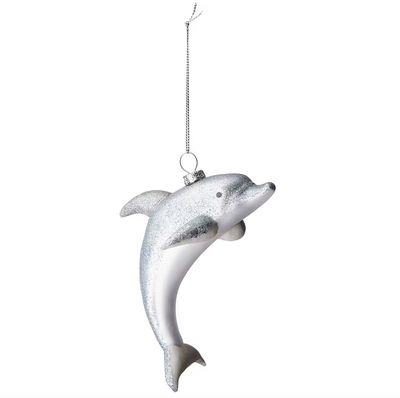 Ornament glass blue dolphin w/glitter H12cm