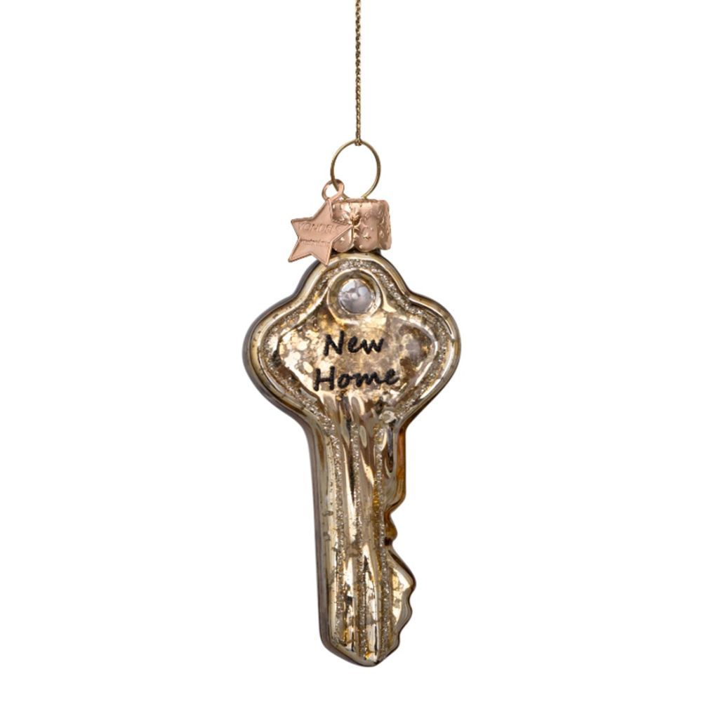 Ornament glass gold crackle key w/new home H8cm