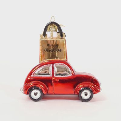 Ornament glass red car w/gold shoppingbag H9cm