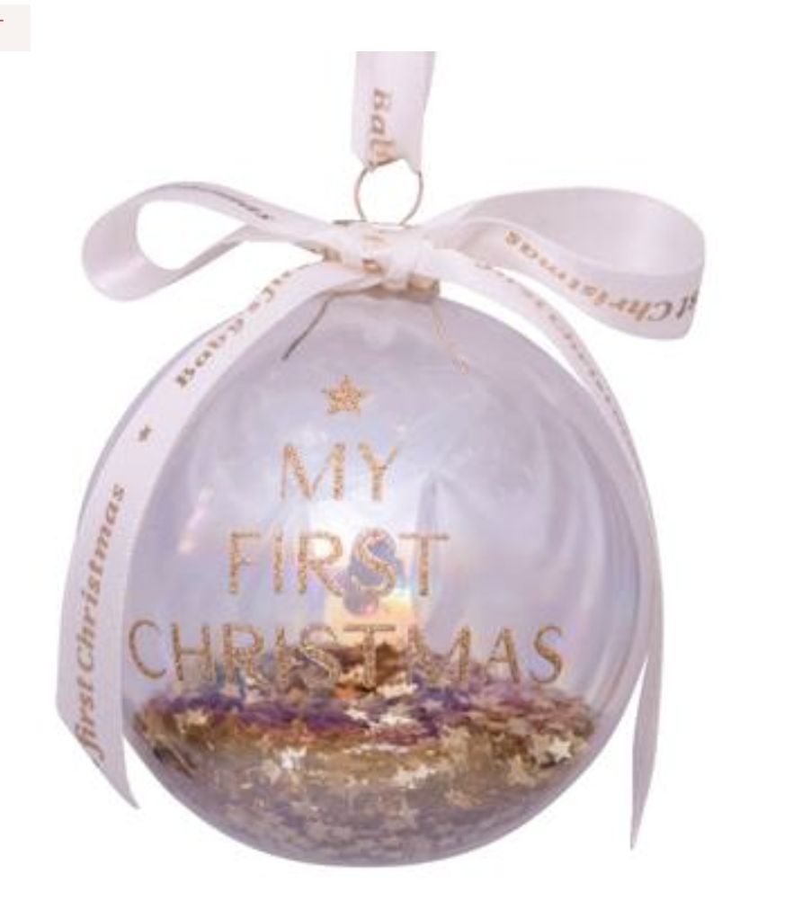 Bauble glass gold baby's first Christmas w/text H9cm