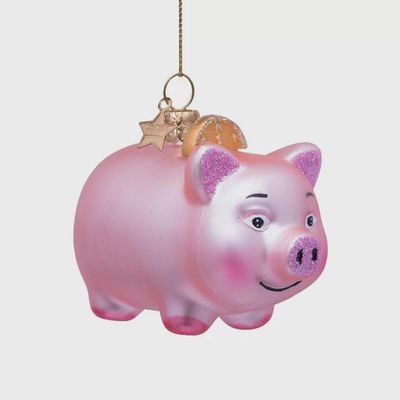 Ornament glass soft pink matt piggy bank w/coin H5.5cm