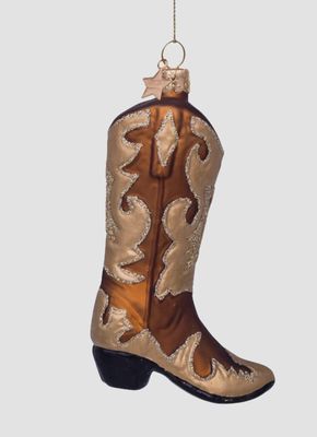 Ornament glass brown w/gold glitter cowboy boot H10.5cm
