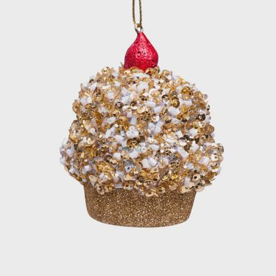 Ornament cupcake gold allover glitters cherry on top H8cm