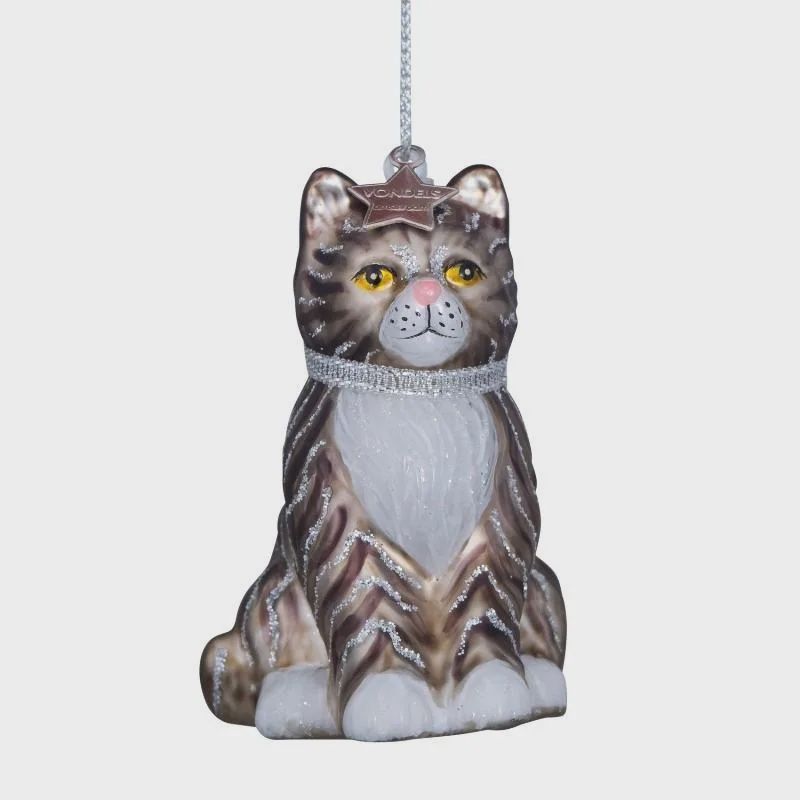 Ornament glass white/grey cat H7.5cm