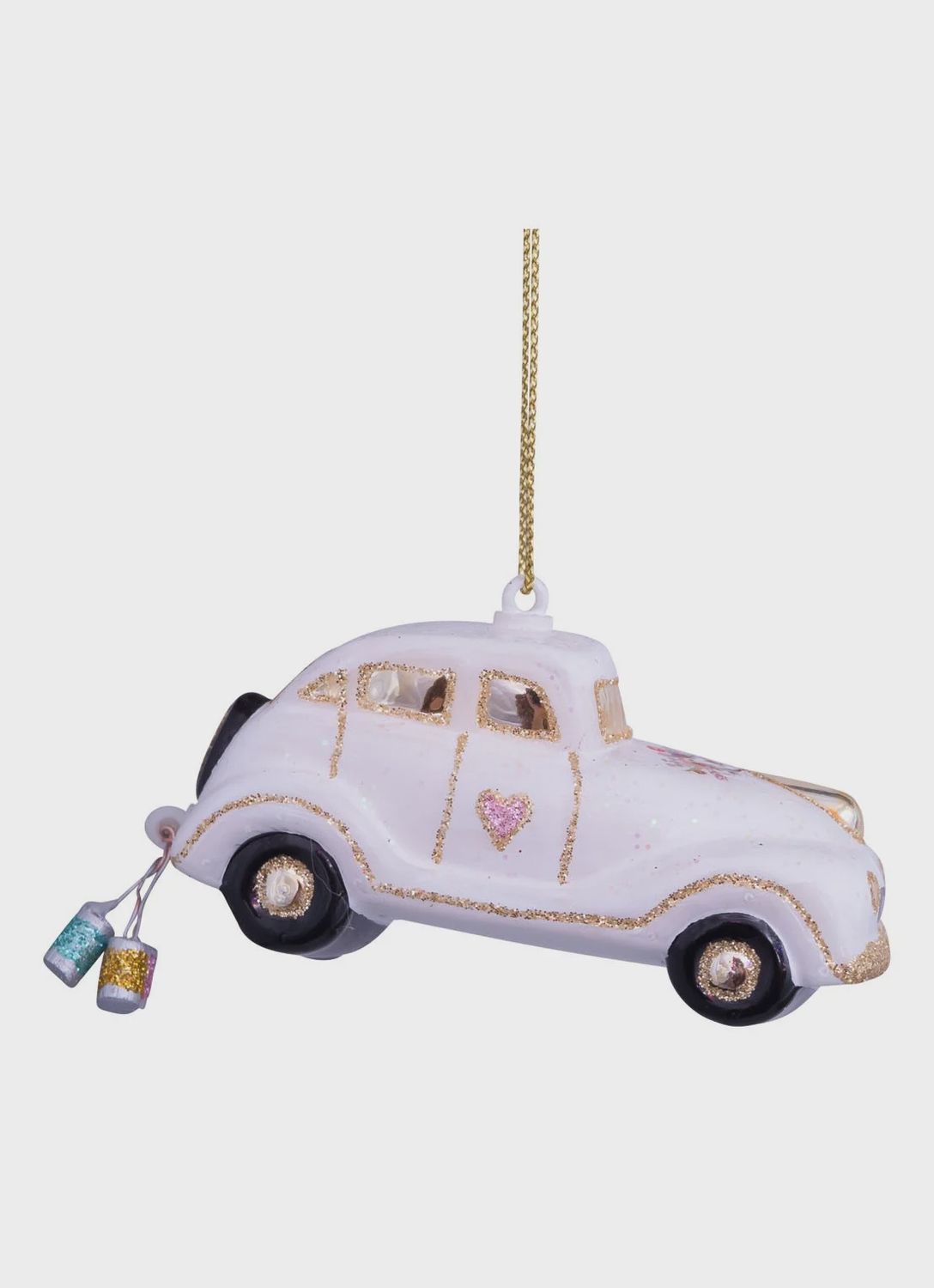 Ornament glass wedding car w/text just married H4.5cm