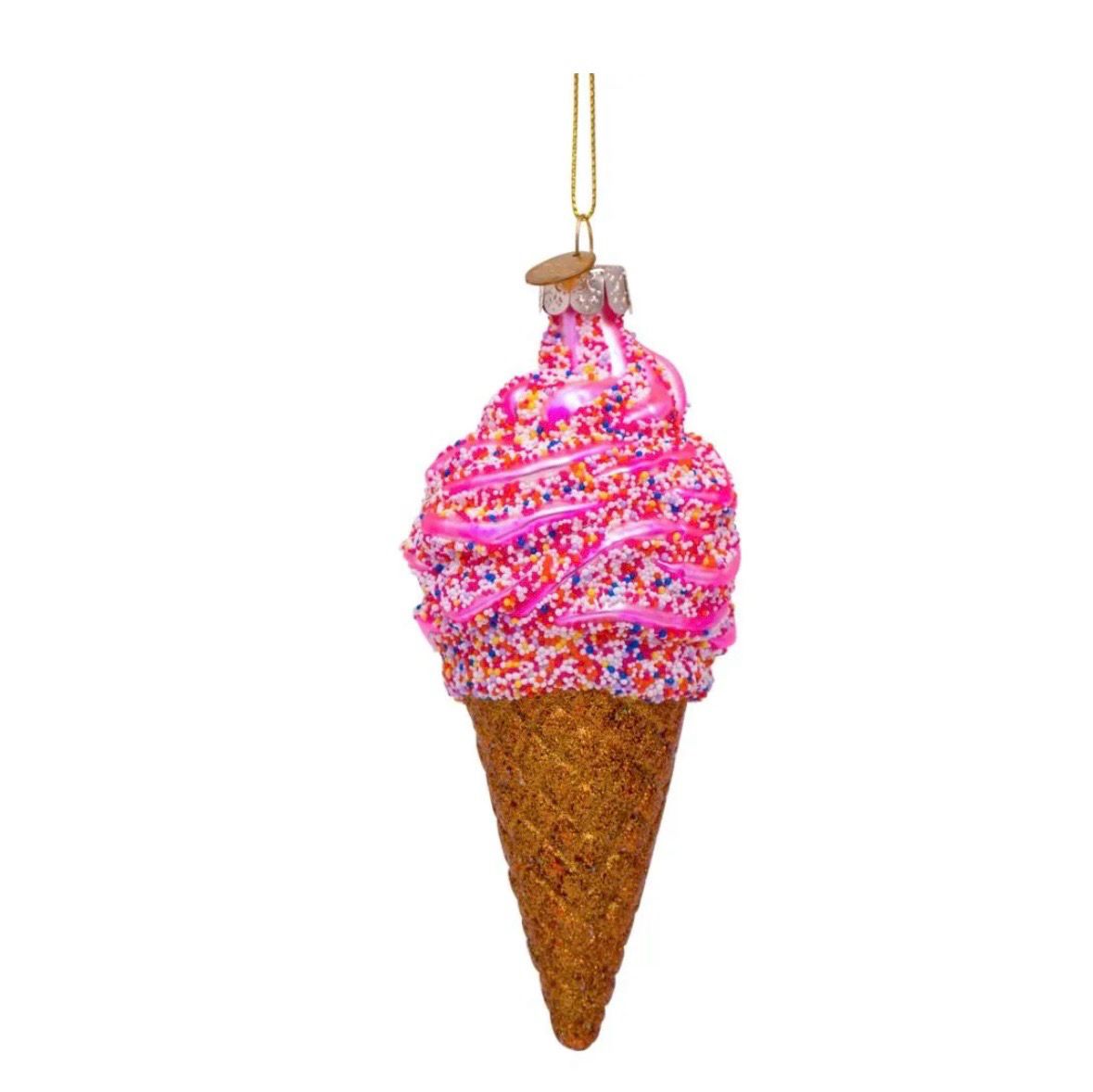 Ornament glass gold ice cream with hologram glitters H15cm