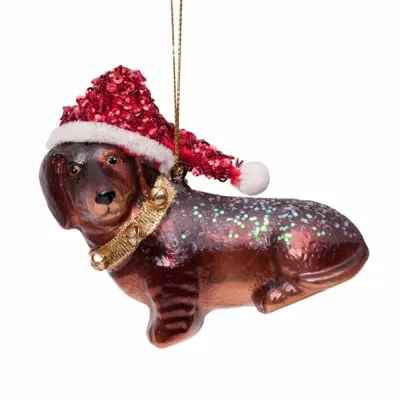 Ornament glass little dachshund w/hat H8cm Ornament glass little dachshund w/hat H8cm