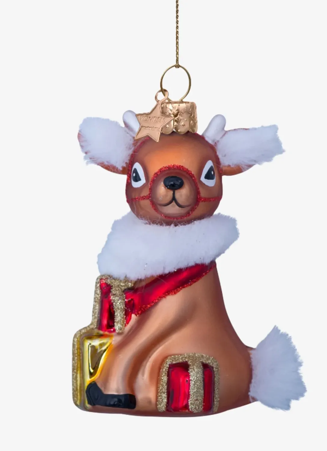 Ornament glass brown reindeer w/gifts H8.5cm