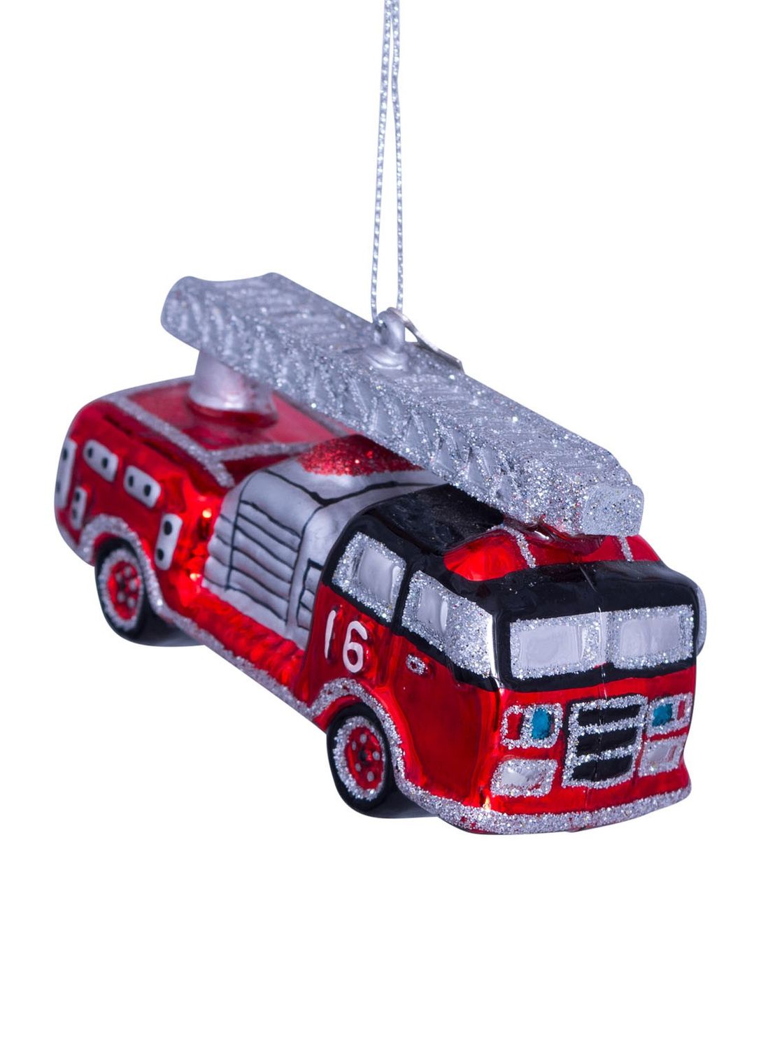 Ornament glass red/silver firecar H6cm