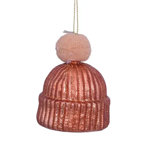 Ornament glass powder brown opal hat w/pompon H7.5cm