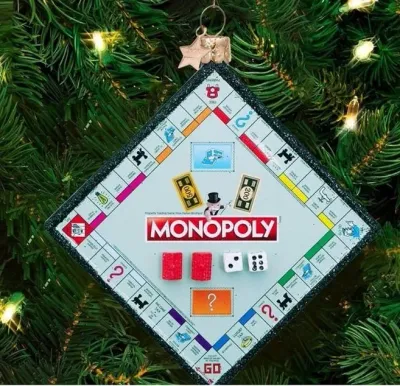 Vondels Monopoly Spelbord Kerstbal Engels 8 cm met Geschenkdoos