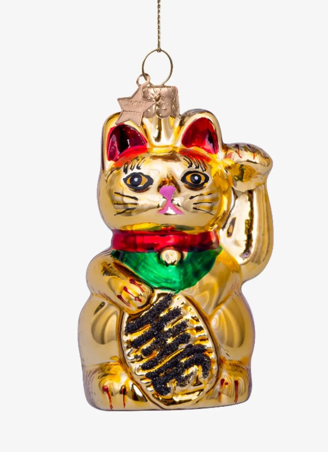 Vondels Gelukskat Lucky Cat Kerstbal Goud 9 cm