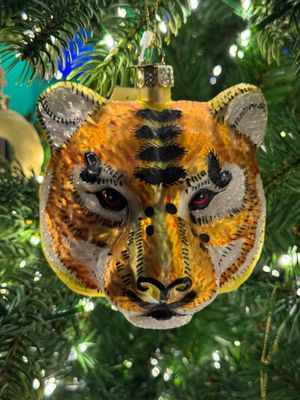 Ornament glass gold/black tiger head H11cm