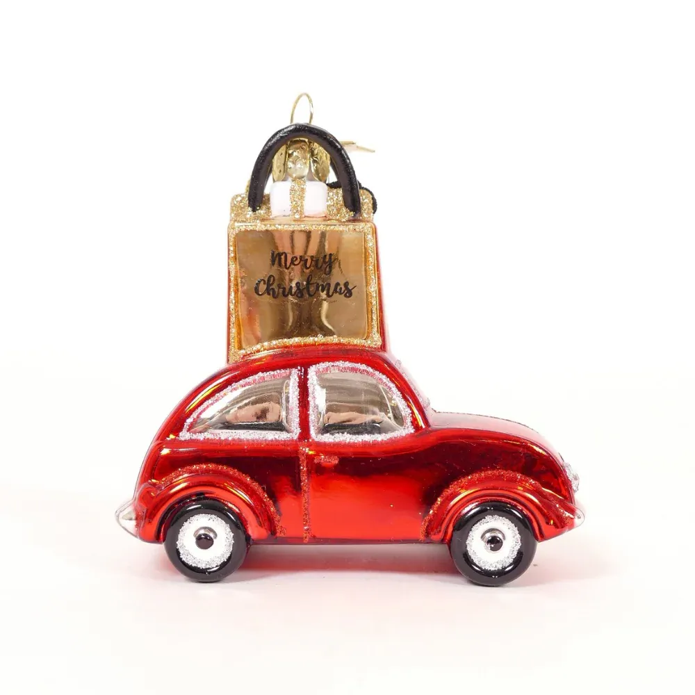Vondels Rode Auto Kerstbal met Gouden Shoppingbag 9 cm