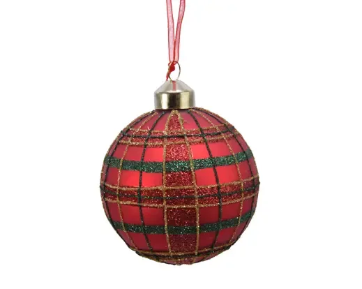 Kerstbal glas glitter ruitpatroon – Kerstrood/groen – 8 cm
